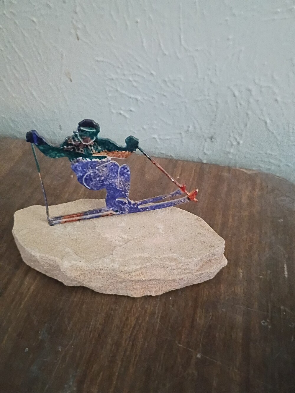 Lazart Skier Metal Art Sculpture Figurine on Sandstone